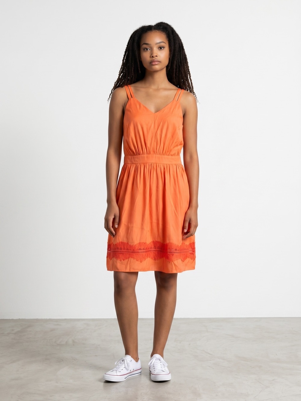 NWT New BCBGeneration Orange V-Neck Mini Dress With Lace Details Size XXS